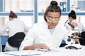 African american scientist in lab coat with microscope and digital tablet working in chemical lab Royalty Free Stock Photo