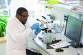 African-american scientist working in lab. Doctor making microbiology research. Laboratory tools: microscope, test tubes Royalty Free Stock Photo