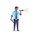 African american security guard man in uniform holding flashlight baton police officer shining flash light male cartoon Royalty Free Stock Photo