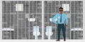 African american security guard near empty prison cell. Cartoon policeman in uniform. Jail cell staff, prison interior with