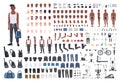 African American sportsman or male athlete DIY or animation kit. Bundle of man`s body elements, sports apparel, training