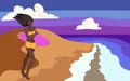 African american surfer girl on ocean shore. Beach summer evening. Beautiful black skin of a female surfer athlete. Royalty Free Stock Photo