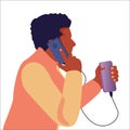 African American talking on the phone. Smartphone is charged using an external battery. Vector color flat illustration. Shades of
