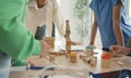 African American teacher and student doing activity playing block wooden for development together with enjoy and fun in the Royalty Free Stock Photo