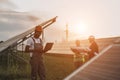 African american technician using laptop at solar station Royalty Free Stock Photo