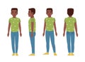 African american teenage boy or teenager wearing blue ragged jeans, green t-shirt and slip-ons. Flat cartoon character