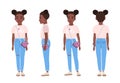 African American teenage girl or teenager wearing blue ragged jeans, pink t-shirt and sneakers. Flat cartoon character