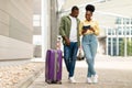 African American Tourists Couple Holding Passport Standing With Suitcase Outdoors Royalty Free Stock Photo