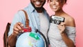 African-american tourists preparing for bus tour, choosing route Royalty Free Stock Photo