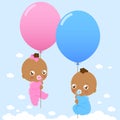 African American twin babies holding balloons in the sky. Vector Illustration Royalty Free Stock Photo