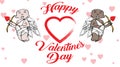 African-american and white cupids with Valentines Day logo and hearts