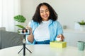 African American Woman Blogger Lady Making Video Via Smartphone Indoors Royalty Free Stock Photo