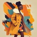 African american woman in bright fashion yellow coat. Elegant stylish young lady with black skin. Generative AI