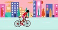 African American woman cyclists is riding bicycle in the summer empty city during sunset. Cartoon , flat design