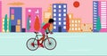 African American woman cyclists is riding bicycle in the summer empty city during sunset. Cartoon , flat design