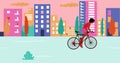 African American woman cyclists is riding bicycle in the summer empty city during sunset. Cartoon flat design