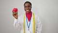 African american woman dietician smiling confident holding heart over isolated white background