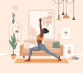 African american woman doing yoga exercises, practicing meditation and stretching on the mat. Black girl character in yoga studio
