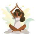 African American woman doing yoga in nature. Stylish woman sits in a lotus position on the background of plants. Bright