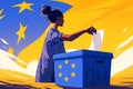 African american woman drops ballot paper in ballot box. European Union. European Parliament elections