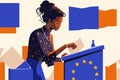 African american woman drops ballot paper in ballot box. European Union. European Parliament elections