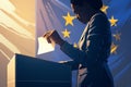 African american woman drops ballot paper in ballot box. European Union. European Parliament elections