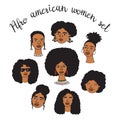 African american woman faces set, hand drawn logos of negroid race women with curly hair.Social media avatars collection, simple Royalty Free Stock Photo