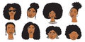 African american woman faces set, hand drawn logos of negroid race women with curly hair.Social media avatars collection, simple Royalty Free Stock Photo
