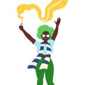 African American Woman Fan Character in Green Hat with Scarf and Smoke Flare Cheering for Sport Team Vector Illustration