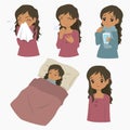 African American Woman Having Flu Sickness Cartoon Vector Set