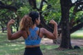 African american woman having fun work out in park in sportswear Royalty Free Stock Photo