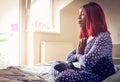 African American woman having meditation in bed at morning. Royalty Free Stock Photo