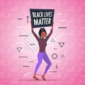 African american woman holding black lives matter banner awareness campaign against racial discrimination