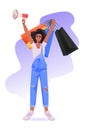 African american woman holding loudspeaker and shopping bags black friday big sale promotion discount concept Royalty Free Stock Photo