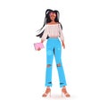 African american woman holding tablet pc beautiful girl model in trendy clothes female cartoon character