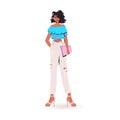 African american woman holding tablet pc beautiful girl model in trendy clothes female cartoon character