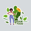african american woman holding yellow dandelion flower and leaves tasty fresh herb healthy raw food concept full length