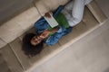 African american woman at home with digital tablet top view Royalty Free Stock Photo