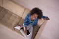 African american woman at home with digital tablet top view Royalty Free Stock Photo