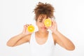 African american woman isolated on white background. Afro girl and diet concept. Copy space. Mock up. Skin care, spa and make up Royalty Free Stock Photo