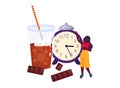 African American woman leaning on a giant alarm clock, soda with straw, chocolate bars. Time management and lifestyle