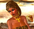 African American Woman in Leopard Print Fashion with Beautiful Cosmetics and Head Scarf. Royalty Free Stock Photo