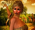 African American Woman in Leopard Print Fashion with Beautiful Cosmetics and Head Scarf. Royalty Free Stock Photo