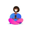 African american woman in medical protective mask N95 sitting in lotus position and uses smartphone flat vector illustration. Royalty Free Stock Photo