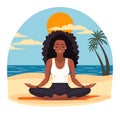 African American woman meditating on beach at sunset. Serene female practicing yoga seaside. Wellness and beach Royalty Free Stock Photo