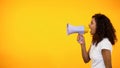 African-American woman with megaphone announcing sensation news, shop discounts Royalty Free Stock Photo