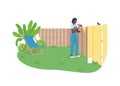 African american woman painting garden fence flat color vector faceless character