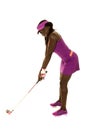 African American woman purple golf ready to swing smile Royalty Free Stock Photo