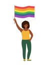 African American woman with rainbow flag support lgbt , lgbtq freedom of love , flat vector