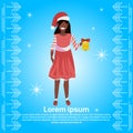 African american woman red hat hold bell happy new year merry christmas concept flat female cartoon character blue Royalty Free Stock Photo